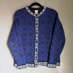 Vintage L.L. BEAN Women's Med Cotton Knit Fair Isle Blue Button Up Sweater Retro